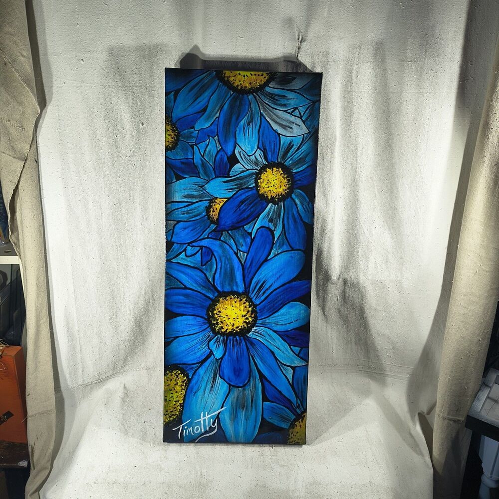 Original Acrylic Painting " The Blue Anemone" 12" X 30" By Timothy Designs